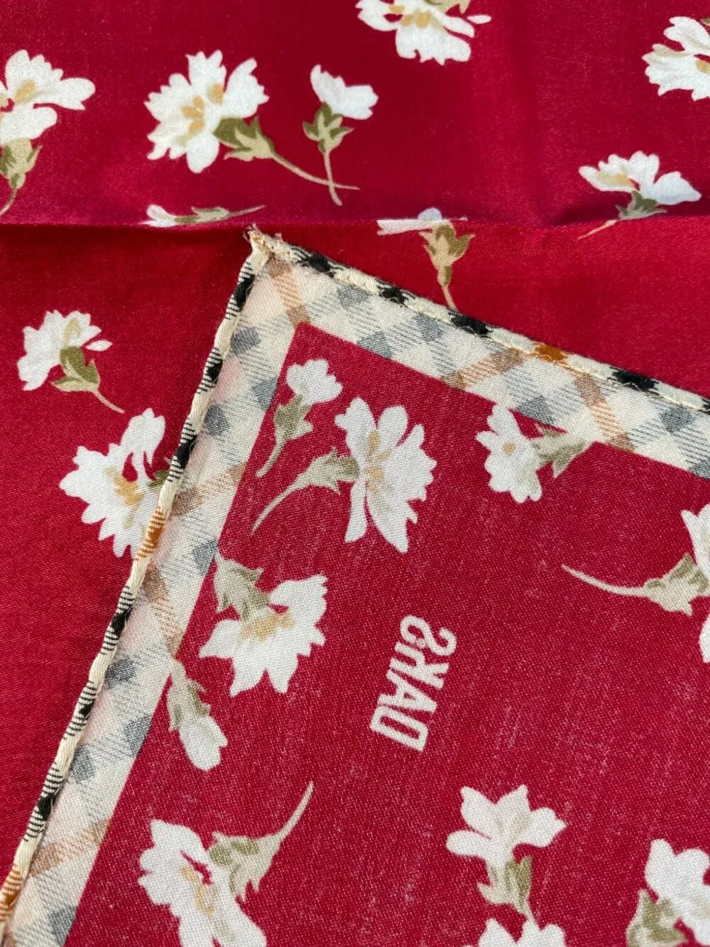 Vintage DAKS London Cotton Scarf Red Floral Check Border 19